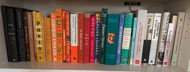 cookbooks on bookshelf